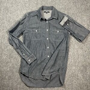 Uniqlo Button Up Camp Shirt Womens Small Denim Chambray Long Sleeve Blue Casual